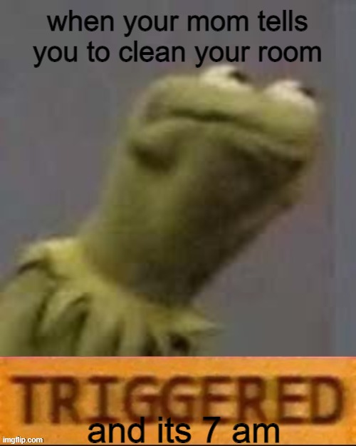 Kermit Triggered | when your mom tells you to clean your room; and its 7 am | image tagged in kermit triggered | made w/ Imgflip meme maker