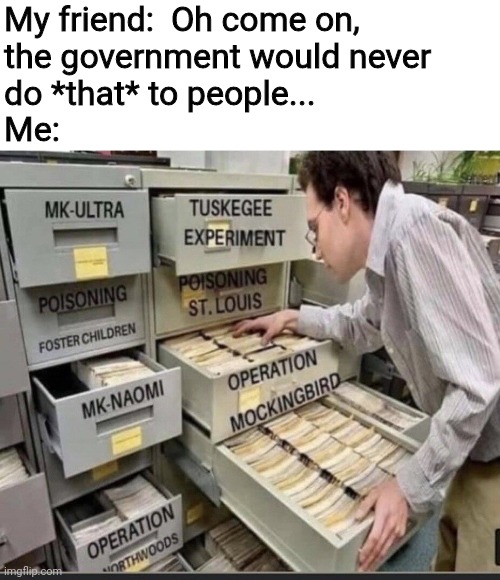 not a meatloaf song |  My friend:  Oh come on,
the government would never
do *that* to people...
Me: | image tagged in government corruption,media lies,conspiracy,mk | made w/ Imgflip meme maker