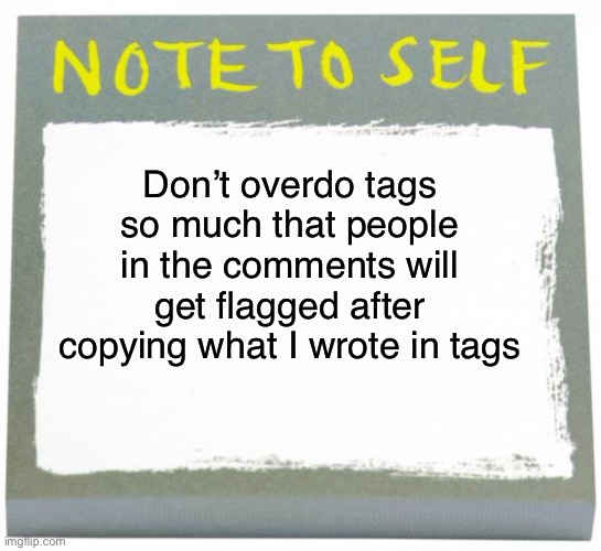 Ngl this happened once | Don’t overdo tags so much that people in the comments will get flagged after copying what I wrote in tags | image tagged in note to self | made w/ Imgflip meme maker