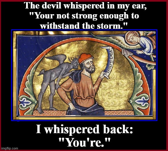 The Devil's in the Details | The devil whispered in my ear,
"Your not strong enough to
withstand the storm."; I whispered back:
"You're." | image tagged in vince vance,the devil,your,you're,and then the devil said,memes | made w/ Imgflip meme maker