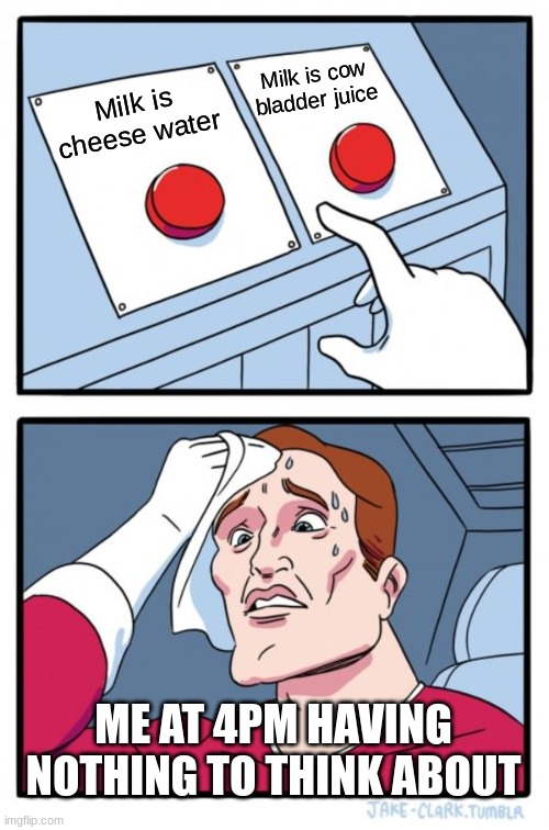 Two Buttons Meme | Milk is cow bladder juice; Milk is cheese water; ME AT 4PM HAVING NOTHING TO THINK ABOUT | image tagged in memes,two buttons | made w/ Imgflip meme maker
