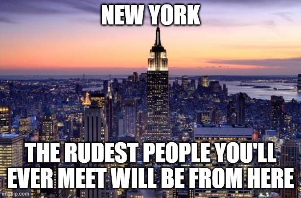 We are the rudest state | NEW YORK; THE RUDEST PEOPLE YOU'LL EVER MEET WILL BE FROM HERE | image tagged in new york city | made w/ Imgflip meme maker