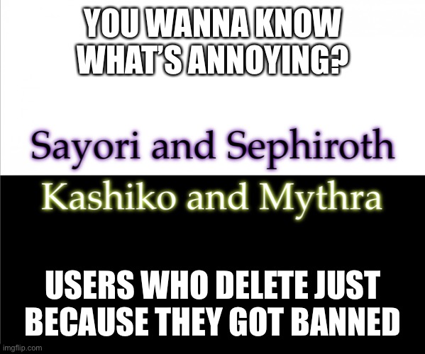 Two sides | YOU WANNA KNOW WHAT’S ANNOYING? USERS WHO DELETE JUST BECAUSE THEY GOT BANNED | image tagged in two sides,sayori and sephiroth,kashiko murasaki and mythra | made w/ Imgflip meme maker