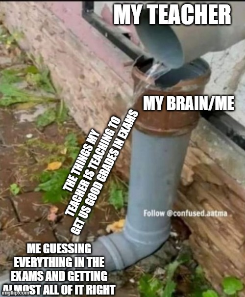 MY TEACHER; MY BRAIN/ME; THE THINGS MY TEACHER IS TEACHING TO GET US GOOD GRADES IN EXAMS; ME GUESSING EVERYTHING IN THE EXAMS AND GETTING ALMOST ALL OF IT RIGHT | image tagged in funny,memes,funny memes,meme,funny meme | made w/ Imgflip meme maker