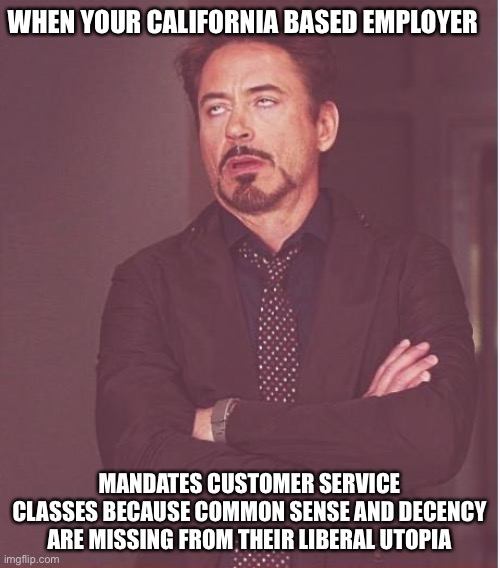 Inclusion = lowering the standards, then backfires | WHEN YOUR CALIFORNIA BASED EMPLOYER; MANDATES CUSTOMER SERVICE CLASSES BECAUSE COMMON SENSE AND DECENCY ARE MISSING FROM THEIR LIBERAL UTOPIA | image tagged in memes,face you make robert downey jr | made w/ Imgflip meme maker