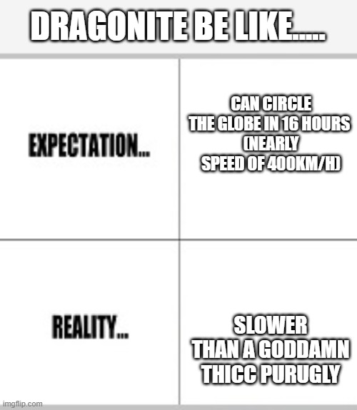 why dragonite wtf | DRAGONITE BE LIKE..... CAN CIRCLE THE GLOBE IN 16 HOURS 
(NEARLY SPEED OF 400KM/H); SLOWER THAN A GODDAMN THICC PURUGLY | image tagged in expectation vs reality,pokemon,dragonite | made w/ Imgflip meme maker