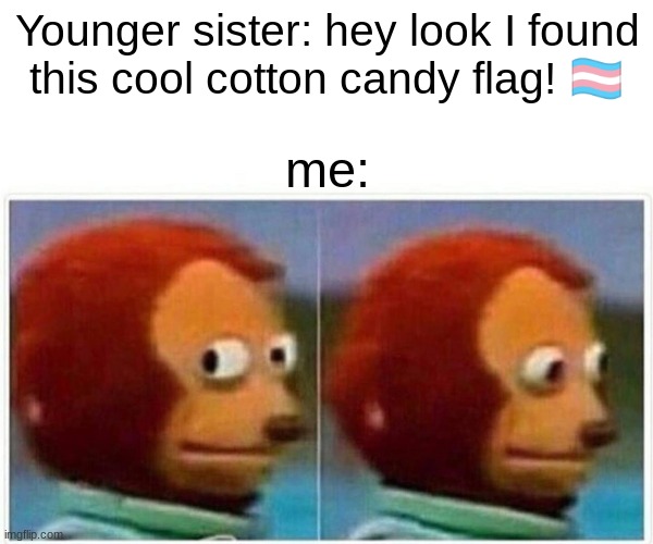 flag | Younger sister: hey look I found this cool cotton candy flag! 🏳️‍⚧️; me: | image tagged in memes,monkey puppet | made w/ Imgflip meme maker