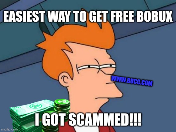 Easi wei t git freeee bluxc | EASIEST WAY TO GET FREE BOBUX; WWW.BUCC.COM; I GOT SCAMMED!!! | image tagged in memes,futurama fry | made w/ Imgflip meme maker