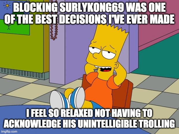 It'll be funny if he's still trying to get my attention lol | BLOCKING SURLYKONG69 WAS ONE OF THE BEST DECISIONS I'VE EVER MADE; I FEEL SO RELAXED NOT HAVING TO ACKNOWLEDGE HIS UNINTELLIGIBLE TROLLING | image tagged in funny,memes,relaxing | made w/ Imgflip meme maker