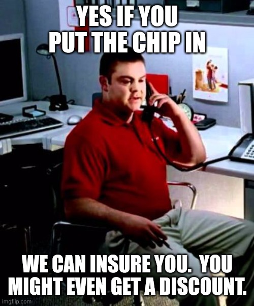 Jake from State Farm | YES IF YOU PUT THE CHIP IN WE CAN INSURE YOU.  YOU MIGHT EVEN GET A DISCOUNT. | image tagged in jake from state farm | made w/ Imgflip meme maker