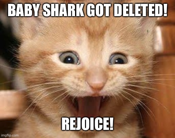 Excited Cat Meme | BABY SHARK GOT DELETED! REJOICE! | image tagged in memes,excited cat | made w/ Imgflip meme maker