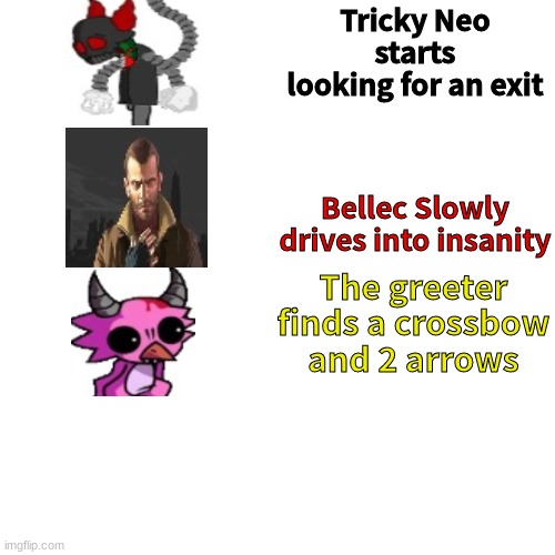 Blank Transparent Square Meme | Tricky Neo starts looking for an exit; Bellec Slowly drives into insanity; The greeter finds a crossbow and 2 arrows | image tagged in memes,blank transparent square | made w/ Imgflip meme maker