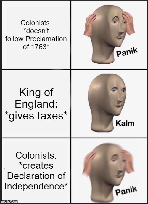 taxes | Colonists: *doesn't follow Proclamation of 1763*; King of England: *gives taxes*; Colonists: *creates Declaration of Independence* | image tagged in memes,panik kalm panik | made w/ Imgflip meme maker