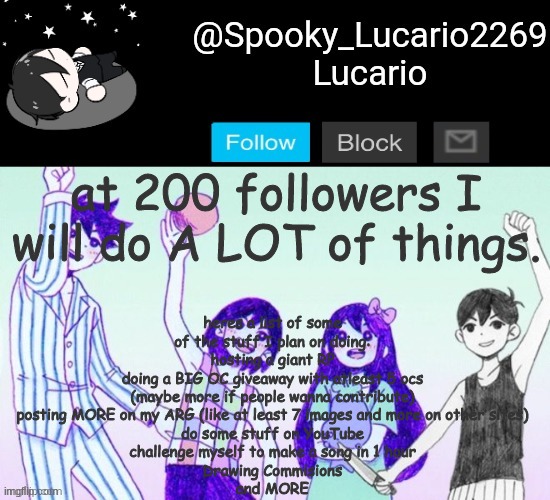 Im less than 20 away. | heres a list of some of the stuff I plan on doing:
hosting a giant RP
doing a BIG OC giveaway with atleast 5 ocs (maybe more if people wanna contribute)
posting MORE on my ARG (like at least 7 images and more on other sites)
do some stuff on YouTube
challenge myself to make a song in 1 hour
Drawing Commisions
and MORE; at 200 followers I will do A LOT of things. | image tagged in omori template thank you yachi | made w/ Imgflip meme maker