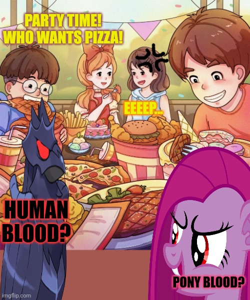 Anime pizza party: spooktober edition | PARTY TIME! WHO WANTS PIZZA! EEEEP... HUMAN BLOOD? PONY BLOOD? | image tagged in anime,pizza party,dj corviknight,pinkie bat,spooktober | made w/ Imgflip meme maker