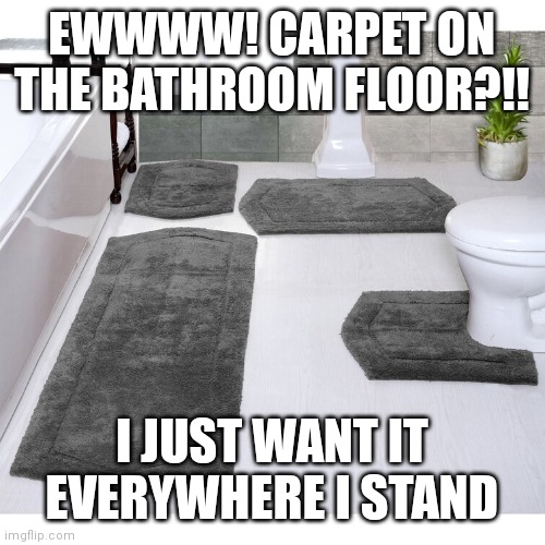 Bathroom Carpet? | EWWWW! CARPET ON THE BATHROOM FLOOR?!! I JUST WANT IT EVERYWHERE I STAND | image tagged in bathroom humor,bathroom,carpet | made w/ Imgflip meme maker