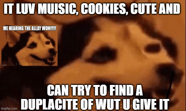 [happiness noise] | IT LUV MUISIC, COOKIES, CUTE AND; CAN TRY TO FIND A DUPLACITE OF WUT U GIVE IT | image tagged in happiness noise | made w/ Imgflip meme maker