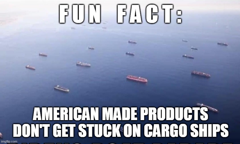cargo | F U N    F A C T :; AMERICAN MADE PRODUCTS DON'T GET STUCK ON CARGO SHIPS | image tagged in cargo,american made,trade,shelves,empty shelves | made w/ Imgflip meme maker