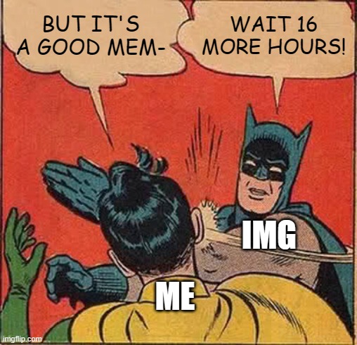 When IMG makes you wait to submit | BUT IT'S A GOOD MEM-; WAIT 16 MORE HOURS! IMG; ME | image tagged in memes,batman slapping robin,imgflip,waiting,funny memes,oh no | made w/ Imgflip meme maker