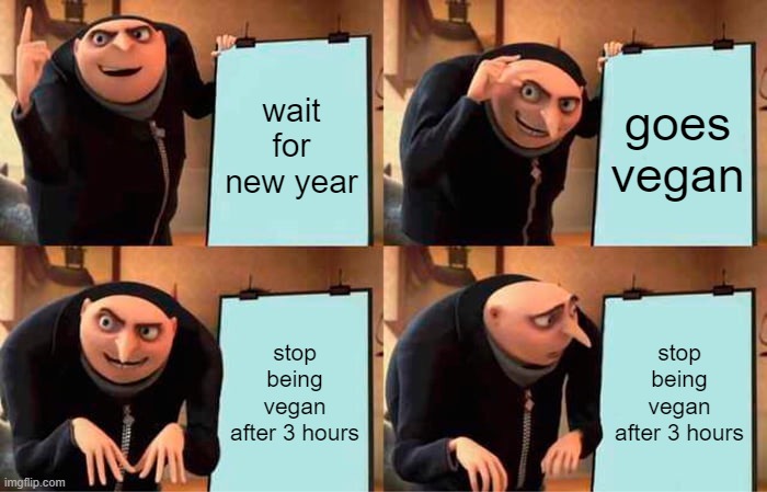 Gru's Plan | wait for new year; goes vegan; stop being vegan after 3 hours; stop being vegan after 3 hours | image tagged in memes,gru's plan | made w/ Imgflip meme maker