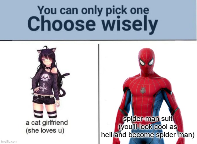 Choose wisely | spider-man suit
(you'll look cool as hell and become spider-man) | image tagged in choose wisely,spiderman | made w/ Imgflip meme maker
