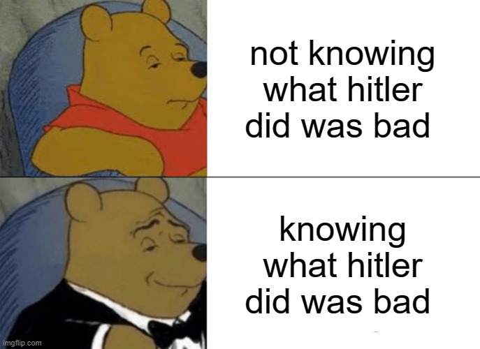 Tuxedo Winnie The Pooh | not knowing what hitler did was bad; knowing what hitler did was bad | image tagged in memes,tuxedo winnie the pooh | made w/ Imgflip meme maker