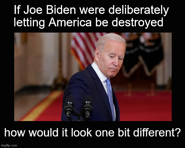 If Joe Biden was deliberately letting America be destroyed ... | If Joe Biden were deliberately letting America be destroyed; how would it look one bit different? | image tagged in biden | made w/ Imgflip meme maker