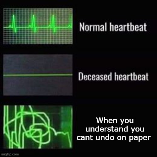 heartbeat rate | When you understand you cant undo on paper | image tagged in heartbeat rate | made w/ Imgflip meme maker