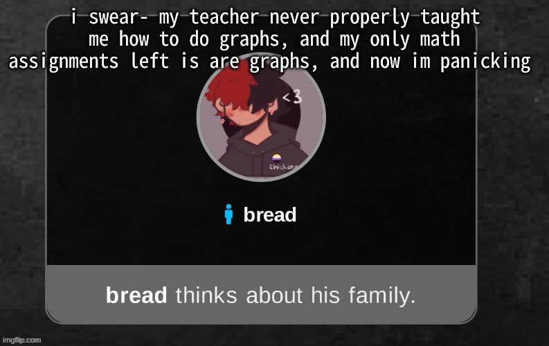 Help | i swear- my teacher never properly taught me how to do graphs, and my only math assignments left is are graphs, and now im panicking | image tagged in b r e a d | made w/ Imgflip meme maker