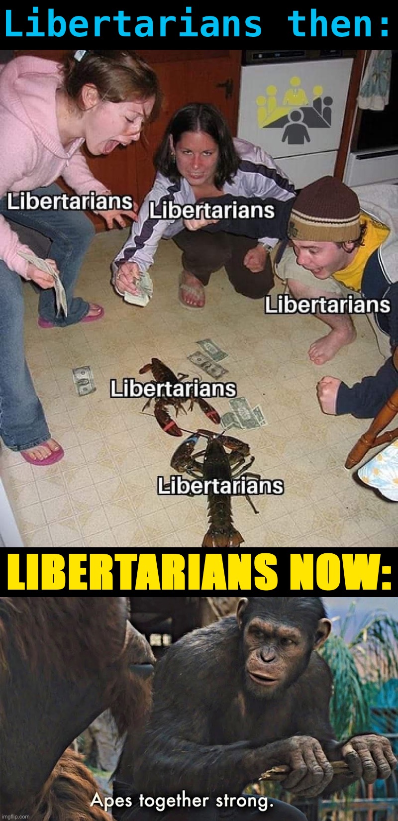 Well boys we did it. For the first time in the history of anything, libertarians are about to win an election! | Libertarians then:; LIBERTARIANS NOW: | image tagged in libertarians lobster battle,apes together strong,libertarians,imgflip_presidents,libertarian alliance,liberation alliance | made w/ Imgflip meme maker