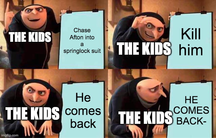 The souls master plan (FNAF) | Chase Afton into a springlock suit; Kill him; THE KIDS; THE KIDS; He comes back; HE COMES BACK-; THE KIDS; THE KIDS | image tagged in memes,gru's plan | made w/ Imgflip meme maker