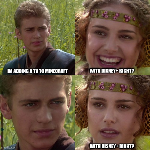 Anakin Padme 4 Panel | IM ADDING A TV TO MINECRAFT WITH DISNEY+ RIGHT? WITH DISNEY+ RIGHT? | image tagged in anakin padme 4 panel | made w/ Imgflip meme maker
