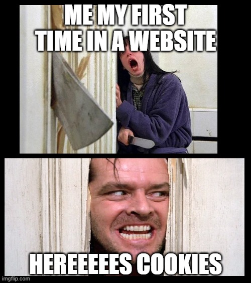 heres cookies | ME MY FIRST TIME IN A WEBSITE; HEREEEEES COOKIES | image tagged in here's jhonny | made w/ Imgflip meme maker