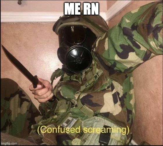 confused screaming but with gas mask | ME RN | image tagged in confused screaming but with gas mask | made w/ Imgflip meme maker