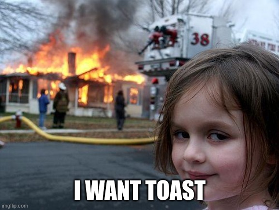 Disaster Girl Meme | I WANT TOAST | image tagged in memes,disaster girl | made w/ Imgflip meme maker