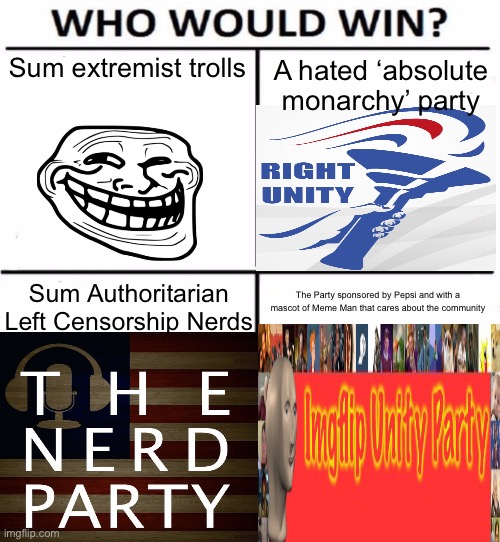 Make the Right Choice! | Sum extremist trolls; A hated ‘absolute monarchy’ party; Sum Authoritarian Left Censorship Nerds; The Party sponsored by Pepsi and with a mascot of Meme Man that cares about the community | image tagged in who would win with 4 | made w/ Imgflip meme maker