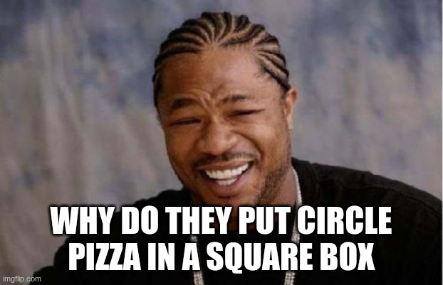 question must be answered | WHY DO THEY PUT CIRCLE PIZZA IN A SQUARE BOX | image tagged in memes,yo dawg heard you | made w/ Imgflip meme maker