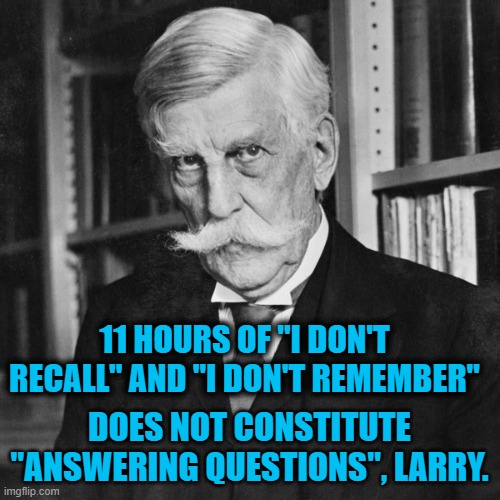 11 HOURS OF "I DON'T RECALL" AND "I DON'T REMEMBER" DOES NOT CONSTITUTE "ANSWERING QUESTIONS", LARRY. | made w/ Imgflip meme maker