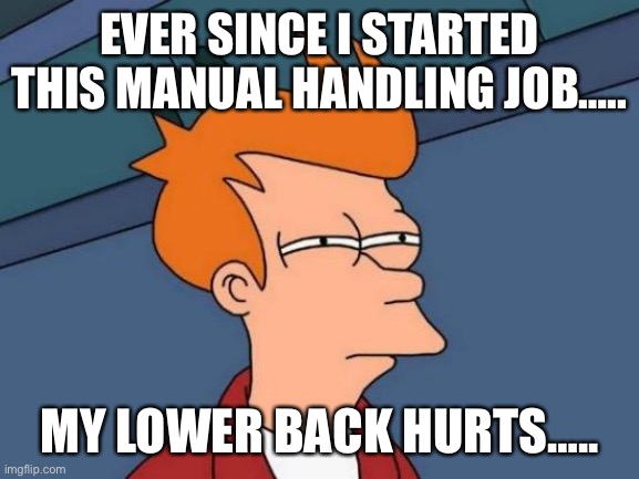 Futurama Fry Meme | EVER SINCE I STARTED THIS MANUAL HANDLING JOB….. MY LOWER BACK HURTS….. | image tagged in memes,futurama fry | made w/ Imgflip meme maker