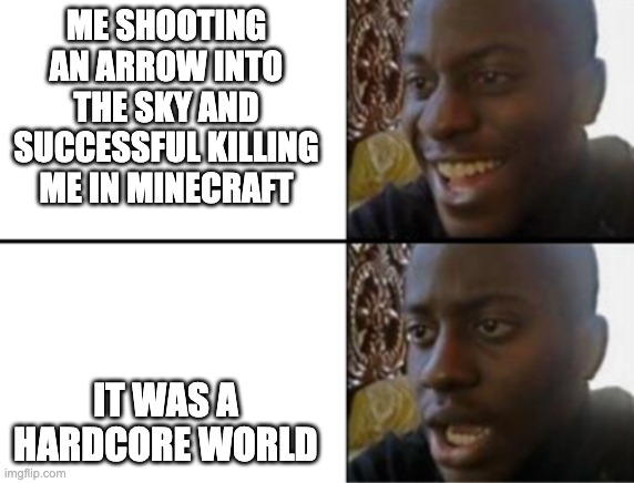 too lAzY tO pUt A tItLe HeRe | ME SHOOTING AN ARROW INTO THE SKY AND SUCCESSFUL KILLING ME IN MINECRAFT; IT WAS A HARDCORE WORLD | image tagged in oh yeah oh no | made w/ Imgflip meme maker