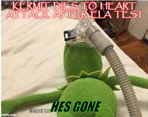 dead kermit | KERMIT  DIES  TO  HEART  ATTACK  AFTER  ELA  TEST; HES GONE | image tagged in kermit the frog | made w/ Imgflip meme maker