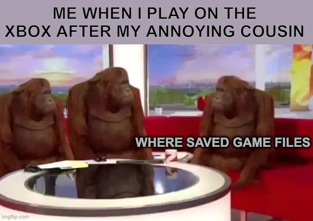 Image titles are overrated | ME WHEN I PLAY ON THE XBOX AFTER MY ANNOYING COUSIN; WHERE SAVED GAME FILES | image tagged in where banana blank | made w/ Imgflip meme maker