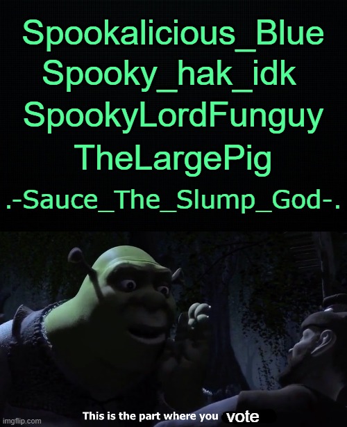 Memer Of The Month | Spookalicious_Blue; Spooky_hak_idk; SpookyLordFunguy; TheLargePig; .-Sauce_The_Slump_God-. vote | image tagged in black,this is the part where you run away | made w/ Imgflip meme maker