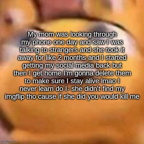 btw im deleting the apps not the accs | My mom was looking through my phone one day and saw I was talking to strangers and she took it away for like 2 months and I started getting my social media back but then I get home I'm gonna delete them to make sure I stay alive lmao I never learn do I- she didn't find my imgflip tho cause if she did you would kill me | made w/ Imgflip meme maker