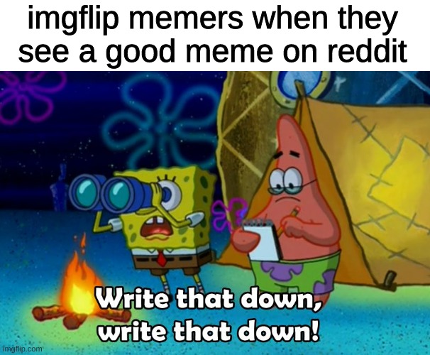 write that down | imgflip memers when they see a good meme on reddit | image tagged in memes,funny,funny memes,imgflip,spongebob | made w/ Imgflip meme maker