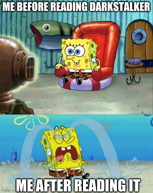 True story | ME BEFORE READING DARKSTALKER; ME AFTER READING IT | image tagged in spongebob hype tv,sad crying spongebob,wings of fire | made w/ Imgflip meme maker