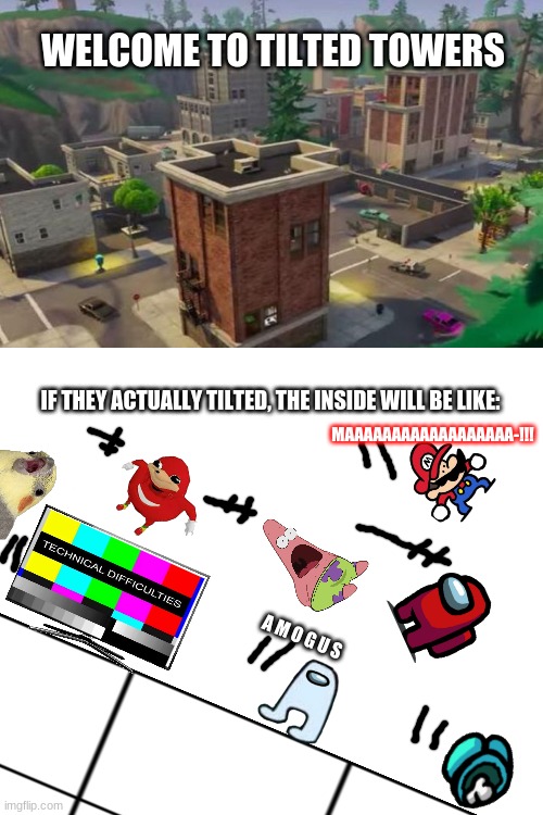 Tilted Towers in a Nutshell | WELCOME TO TILTED TOWERS; IF THEY ACTUALLY TILTED, THE INSIDE WILL BE LIKE:; MAAAAAAAAAAAAAAAAAA-!!! A M O G U S | image tagged in memes,blank transparent square,moving,tower | made w/ Imgflip meme maker