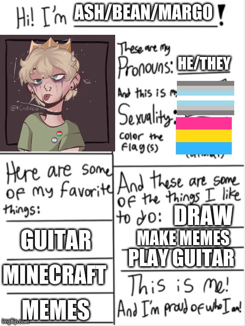 ive done this a couple times i went from being a straight girl to a pan demiboy in 1 1/2 years | ASH/BEAN/MARGO; HE/THEY; DRAW; GUITAR; MAKE MEMES; PLAY GUITAR; MINECRAFT; MEMES | image tagged in this is me | made w/ Imgflip meme maker