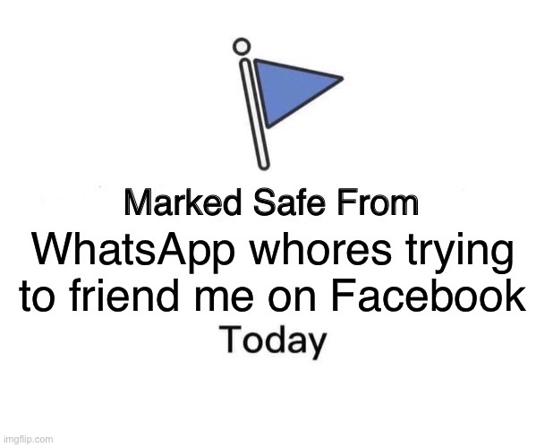 Marked Safe From Meme | WhatsApp whores trying to friend me on Facebook | image tagged in memes,marked safe from | made w/ Imgflip meme maker