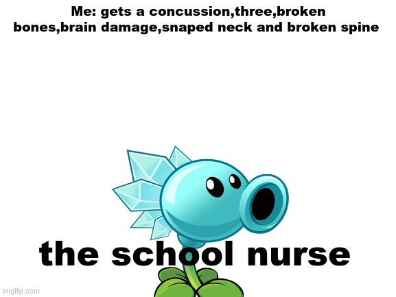 Blank White Template |  Me: gets a concussion,three,broken bones,brain damage,snaped neck and broken spine; the school nurse | image tagged in blank white template | made w/ Imgflip meme maker